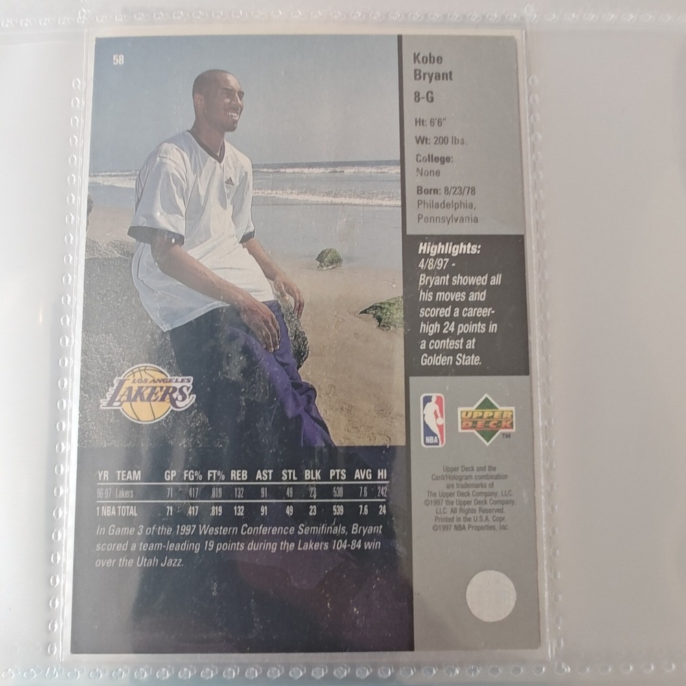 Basketball Card Kobe‎ Bryant 1997 Upper Deck 8-G Silver Foil Lakers 58 - Picture 4 of 5